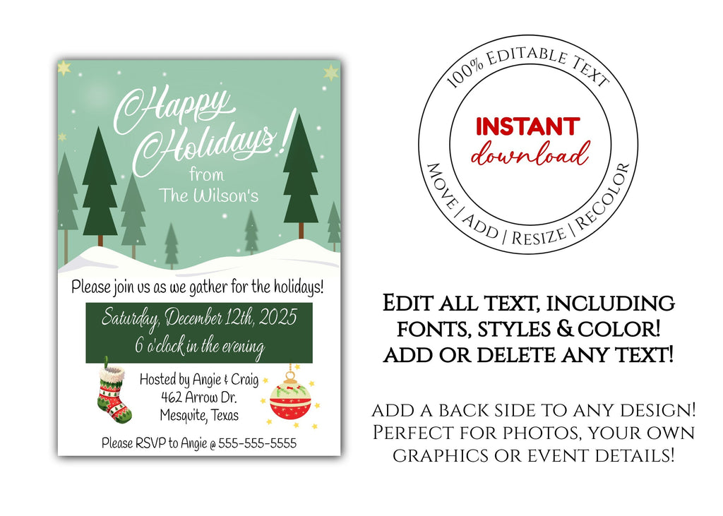 Happy Holidays Christmas Party Invitation Template - Digital & Printable